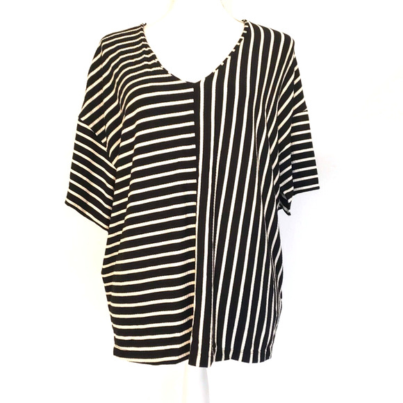Blouse Next SIZE XL Black White Stripe Short SLIT Sleeve Blouse Top V-Neck - Picture 1 of 14